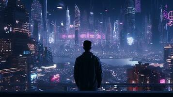 pessoa Visão a partir de a rua do uma detalhado cyberpunk cidade com muitos luzes foto