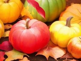 outono ilustração do abóbora em outono folhas. multicolorido variegado abóboras, colheita, publicidade composição. ai generativo. foto