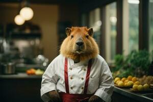 fofa capivara personagem dentro uma chefe de cozinha traje dentro uma lindo elegante cozinha. engraçado ilustração, alegre animal. ai gerado foto