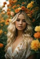 uma lindo menina com loiro cabelo dentro uma flor guirlanda e uma luz vestir carrinhos dentro a jardim, amarelo flores ai generativo. foto