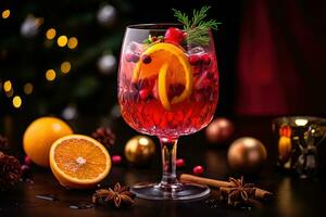 Natal ponderado vermelho vinho com especiarias e frutas. tradicional quente beber às Natal tempo. festivo humor generativo ai foto