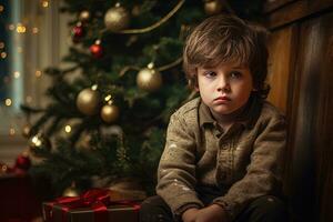 sério triste pequeno Garoto é sentado dentro frente do uma Natal árvore generativo ai foto