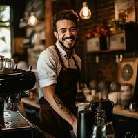 ai gerado jovem barista derramando cacau café com uma sorrir dentro uma acolhedor café fazer compras em uma Claro outono dia ai gerado foto