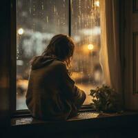 ai gerado uma menina senta de uma janela, olhando lado de fora Como caloroso luz preenche a quarto chuva e vento pode estar visto através a janela ai gerado foto
