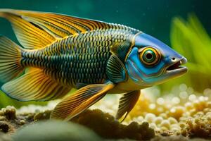 uma peixe com azul e amarelo olhos. gerado por IA foto