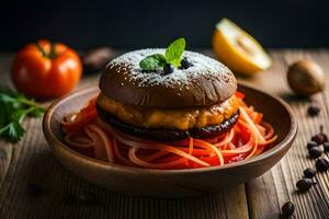 uma Hamburger com tomate molho e queijo em uma placa. gerado por IA foto