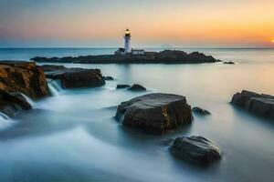 uma farol senta em a pedras às pôr do sol. gerado por IA foto