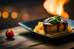 uma prato do espaguete com carne e uma morango em uma de madeira mesa. gerado por IA foto