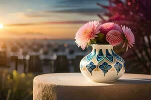 uma vaso com Rosa flores sentado em uma mesa dentro frente do a pôr do sol. gerado por IA foto