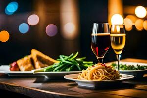 uma mesa com dois óculos do vinho e Comida. gerado por IA foto