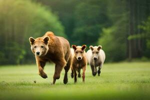 uma Castanho Urso e dois pequeno Castanho ursos corrida dentro a grama. gerado por IA foto