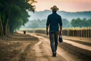 uma homem caminhando baixa uma sujeira estrada com uma chapéu sobre. gerado por IA foto