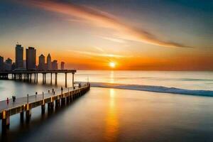 a Sol sobe sobre a oceano e cais dentro frente do uma cidade Horizonte. gerado por IA foto