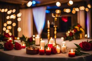 velas e rosas estão arranjado em uma mesa. gerado por IA foto