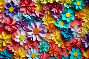 colorida papel flores estão arranjado dentro uma muro. gerado por IA foto