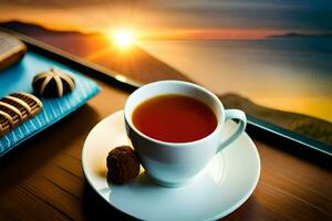 uma copo do chá e biscoitos em uma mesa com a Sol contexto. gerado por IA foto