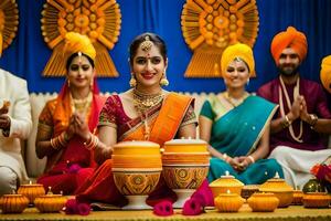 indiano Casamento cerimônia com mulheres dentro tradicional traje. gerado por IA foto