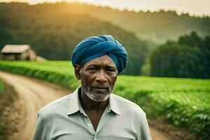 a africano homem dentro uma turbante carrinhos dentro uma campo. gerado por IA foto