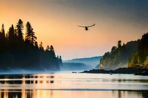 uma pássaro vôo sobre uma rio às pôr do sol. gerado por IA foto