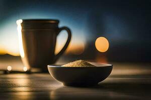 uma tigela do açúcar e uma copo do café em uma mesa. gerado por IA foto