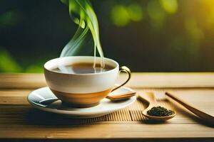 uma copo do chá com uma fumaça trilha. gerado por IA foto
