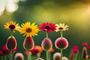 colorida flores dentro uma campo com Sol brilhando. gerado por IA foto