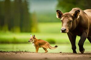 uma vaca e uma Raposa caminhando juntos dentro a campo. gerado por IA foto