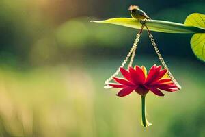 uma pássaro é empoleirado em uma flor suspensão a partir de uma corrente. gerado por IA foto