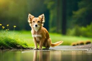 uma cachorro sentado em a terra perto uma lago. gerado por IA foto