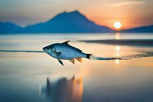 uma peixe é pulando Fora do a água às pôr do sol. gerado por IA foto