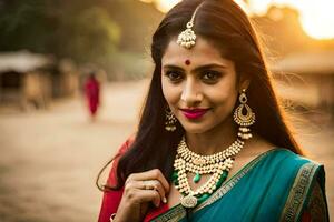 uma lindo indiano mulher vestindo joalheria e uma sári. gerado por IA foto