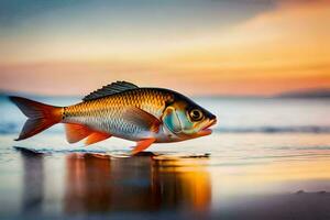 uma peixe é caminhando em a de praia às pôr do sol. gerado por IA foto