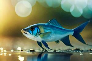 uma azul peixe é em pé em a água. gerado por IA foto