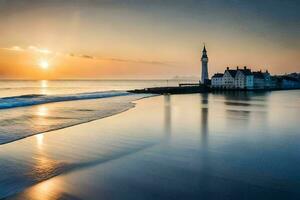 a Sol conjuntos sobre uma de praia e uma farol. gerado por IA foto