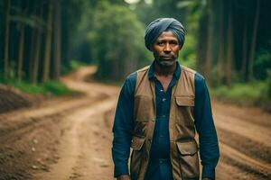 uma homem dentro uma turbante em pé em uma sujeira estrada. gerado por IA foto