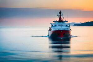 uma vermelho e branco barco Navegando dentro a oceano às pôr do sol. gerado por IA foto