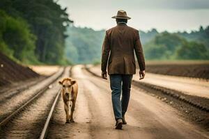 uma homem caminhando dele cachorro em uma trem acompanhar. gerado por IA foto