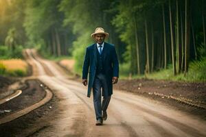uma homem dentro uma terno e chapéu caminhando baixa uma sujeira estrada. gerado por IA foto