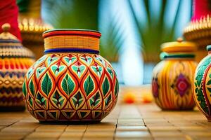 colorida vasos estão forrado acima em uma de madeira chão. gerado por IA foto