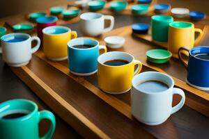 colorida café copos em uma de madeira bandeja. gerado por IA foto
