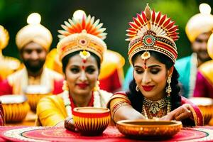 indiano mulheres dentro tradicional vestuário estão segurando tigelas. gerado por IA foto