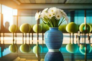 uma vaso com flores sentado em uma mesa dentro frente do uma piscina. gerado por IA foto