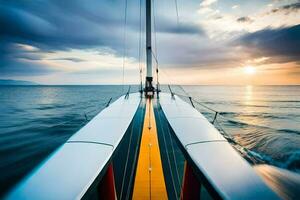 uma barco a vela é Navegando dentro a oceano às pôr do sol. gerado por IA foto