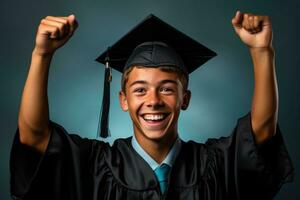 uma triunfante juventude segurando uma graduação boné isolado em uma gradiente fundo foto