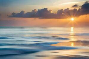pôr do sol sobre a oceano, ondas, e nuvens. gerado por IA foto