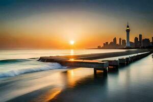 a Sol conjuntos sobre a oceano e uma cidade Horizonte. gerado por IA foto