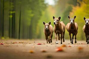 uma grupo do veado corrida dentro a floresta. gerado por IA foto