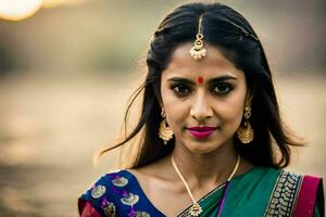 uma lindo indiano mulher dentro uma tradicional sári. gerado por IA foto