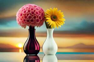 dois vasos com flores em uma mesa com pôr do sol dentro a fundo. gerado por IA foto