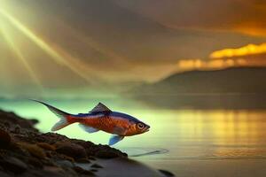 uma peixe é em pé em a costa do uma lago. gerado por IA foto